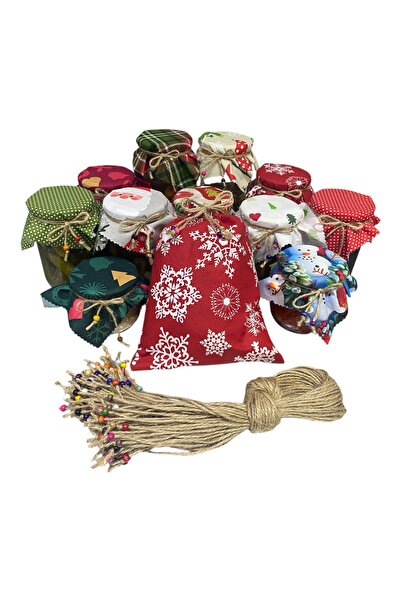 AdaEsintisi 25 Adet Yılbaşı Konseptli Kavanoz Kapağı Kumaşı (Örtüsü) Ve Boncu...