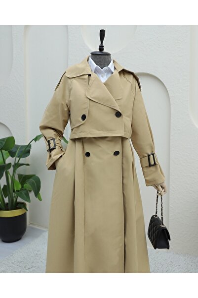 Modamorfo Trench Coat with Pleated Skirt and Belted Bolero - Mink