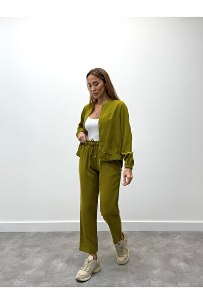 Maldia Shop Women's Zippered Jacket Pants Top and Bottom Fat Green Set