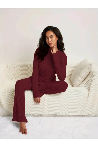 Modayakamoz Women's Long Sleeve Round Neck Side Slit Detailed Raised Camisole Blouse and Trousers Double Set