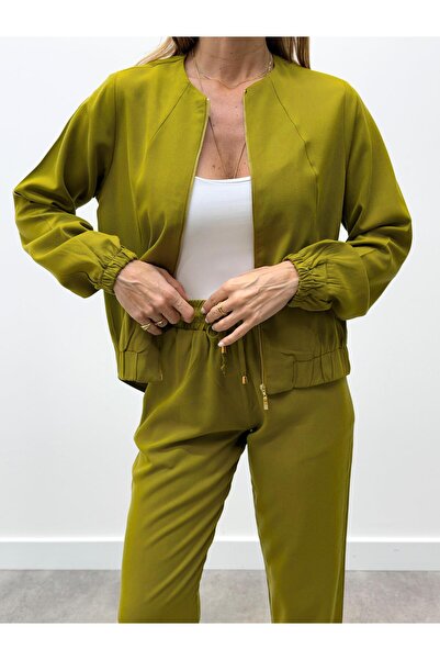 Maldia Shop Women's Zippered Jacket Pants Top and Bottom Fat Green Set