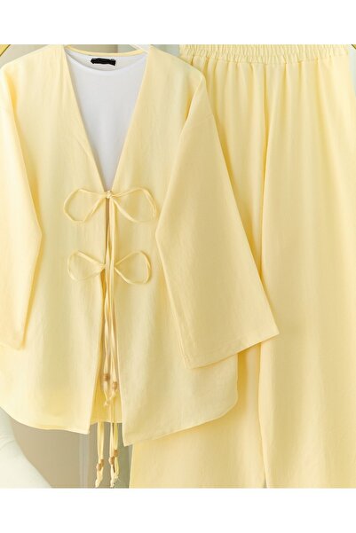 Modamorfo Kimono Suit with Double Tie Front Trousers - Light Yellow