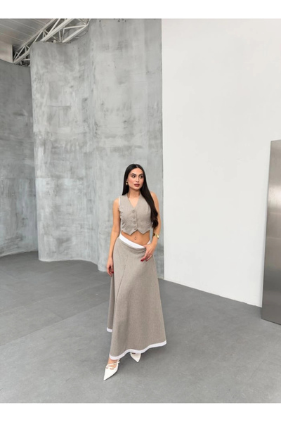 Adora Moda Women's Striped Garnished Midi Length Bell Skirt Vest Set