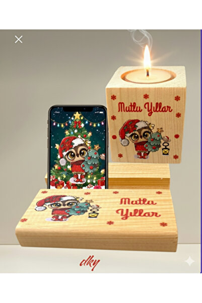DKY YENİ YIL YILBAŞI AHŞAP MUMLUK VE TELEFON TUTUCU HEDİYE SETİ
