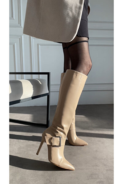 bahwar Pointed Toe Big Buckle Thin Heel Below the Knee Bitter Brown Women's Boots