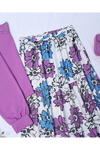 Modamorfo Linen Skirt - Patterned, Belted and Elastic Waist - Purple