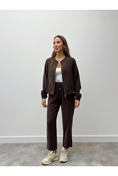 Maldia Shop Zippered Women's Jacket and Pantalon Bottom-Top Coffee Set