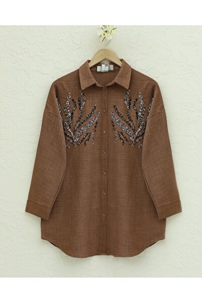 Modamorfo Długa koszula z cekinami z przodu – kawa
