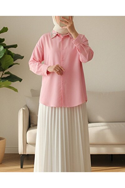 Modamorfo Buttoned Casual Shirt with Stone Detail on the Collar - Pink