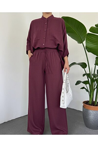Modamorfo Double Pocket Half Bat Sleeve Loose Shirt Set - Burgundy