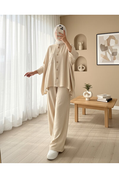 Modamorfo Double Pocket Half Bat Sleeve Casual Shirt Set - Beige