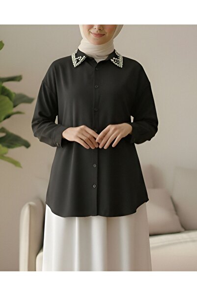 Modamorfo Buttoned Casual Shirt with Stone Detail on the Collar - Black