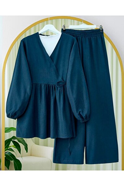 Modamorfo Tunic with Tie Inside and Wide Leg Trousers Suit - Navy