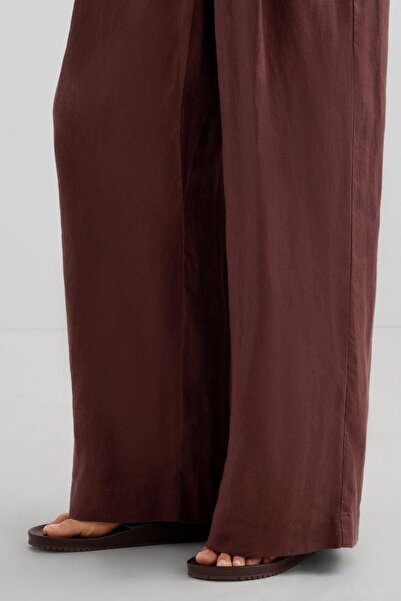 Oysho 100% linen wide straight-leg trousers with crossover front