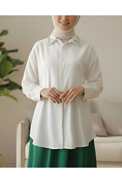 Modamorfo Buttoned Casual Shirt with Stone Detail on the Collar - White