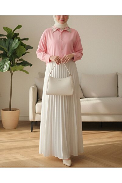 Modamorfo Buttoned Casual Shirt with Stone Detail on the Collar - Pink