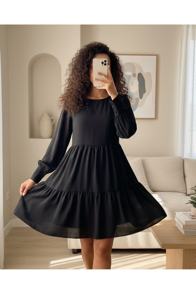 Modamorfo Kereknyakú elasztikus derékszoknya Réteges Ayrobin ruha - fekete