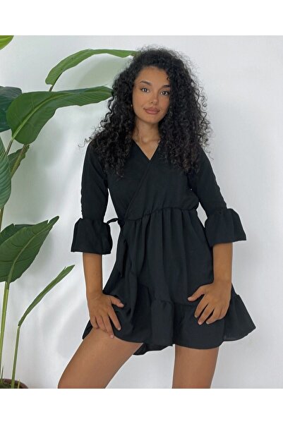 Modamorfo Φόρεμα Ayrobin με βολάν φούστα και μανίκια ελαστική μέση - μαύρο