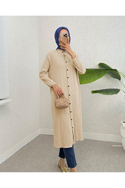 Modamorfo Long Crinkle Tunic with Button Sleeves and Elastic Sleeves - Beige