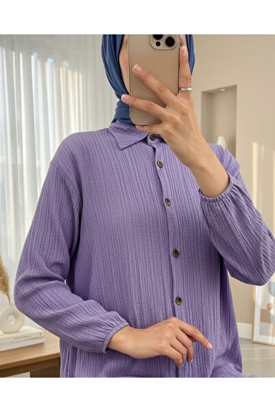 Modamorfo Long Crinkle Tunic with Button Sleeves and Elastic Sleeves - Lilac
