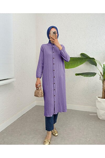 Modamorfo Long Crinkle Tunic with Button Sleeves and Elastic Sleeves - Lilac