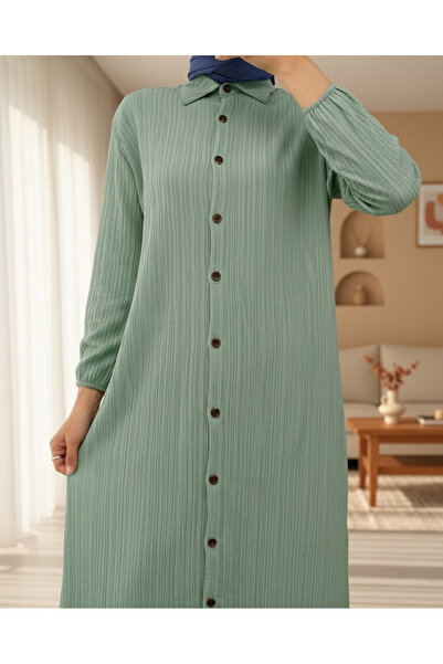 Modamorfo Long Crinkle Tunic with Button Sleeves and Elastic Sleeves - Mint