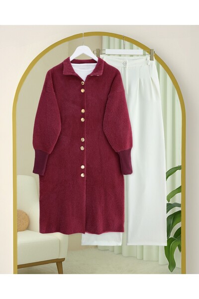 Modamorfo Soft Cardigan with Long Beard and Buttons on the Front -Burgundy