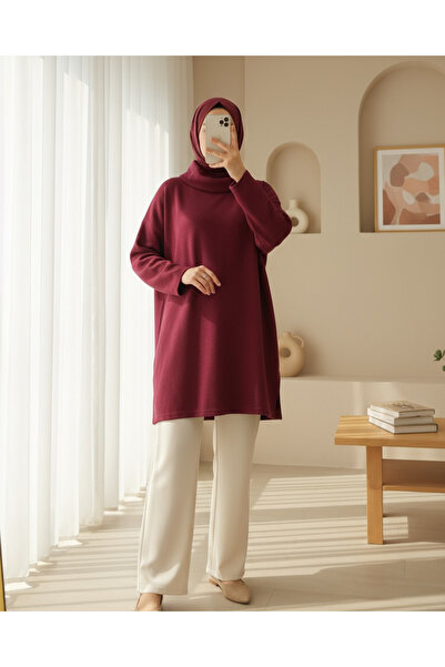 Modamorfo Turtleneck Slit Ribbed Knit Tunic -Burgundy