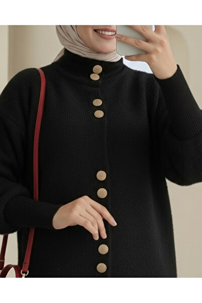 Modamorfo Buttoned Front Long Bearded Soft Cardigan -Black