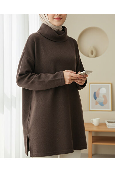 Modamorfo Turtleneck Slit Ribbed Knit Tunic -Toprak
