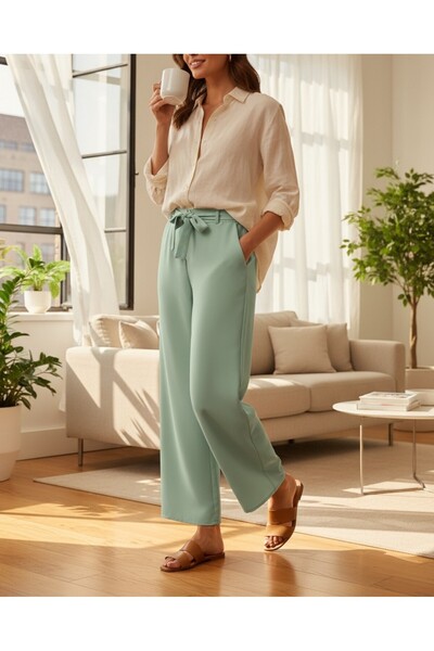 Modamorfo Double Wide Leg Trousers with Lace-Up Waist - Aqua Green