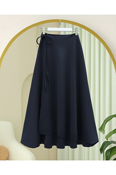 Modamorfo Layered Zippered Scuba Skirt with Side Tie Detail - Navy