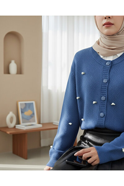 Modamorfo Buttoned Floral Detailed Soft Cardigan -Blue