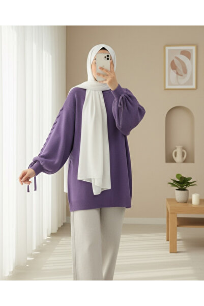 Modamorfo Round Neck Sleeve Knit Detailed Sweater - Purple