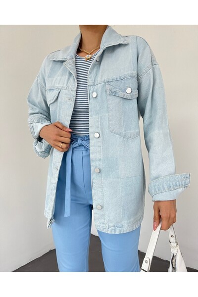 Modamorfo Ice Blue Long Patterned Buttoned Denim Jacket