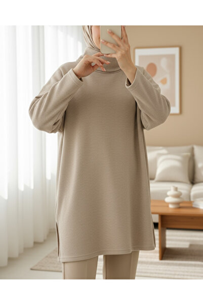 Modamorfo Turtleneck Slit Ribbed Knit Tunic -Stone