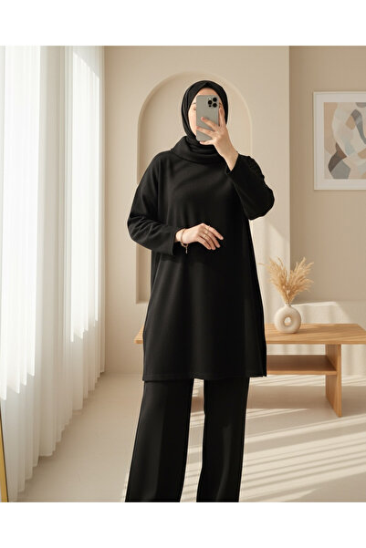 Modamorfo Turtleneck Slit Ribbed Knit Tunic -Black