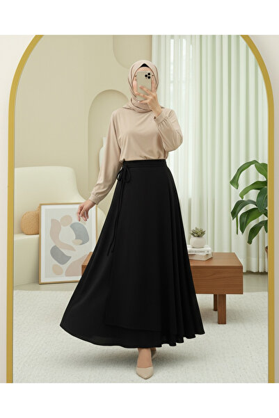 Modamorfo Layered Zippered Scuba Skirt with Side Tie Detail - Black