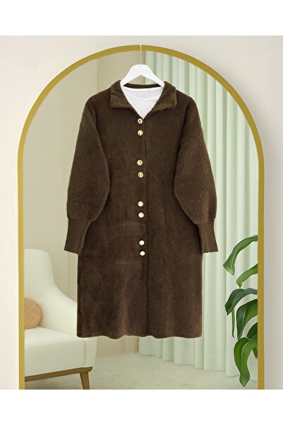 Modamorfo Buttoned Front Long Bearded Soft Cardigan - Brown