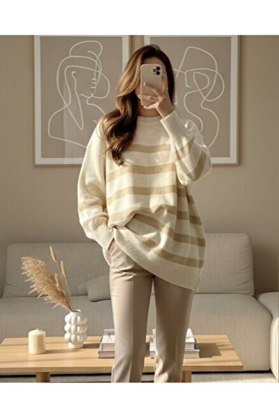 Modamorfo Yuvarlak Yaka Yırtmaçlı Triko Tunik -Açık Vizon