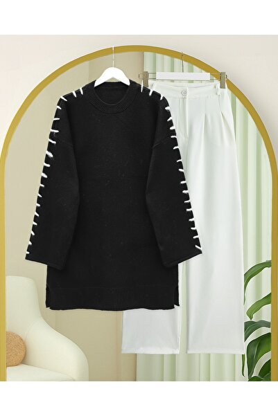 Modamorfo Striped Knit Tunic with Drawstring Sleeves - Black