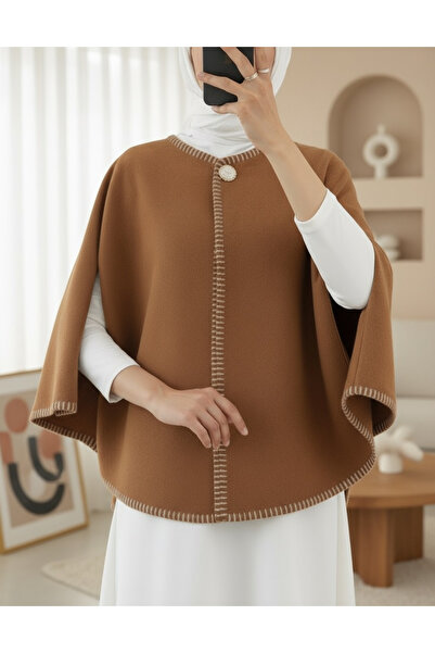 Modamorfo Shepherd's Stitch Pocketed Cashmere Poncho - Light Brown