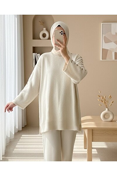 Modamorfo Striped Knit Tunic with Drawstring Sleeves - Cream