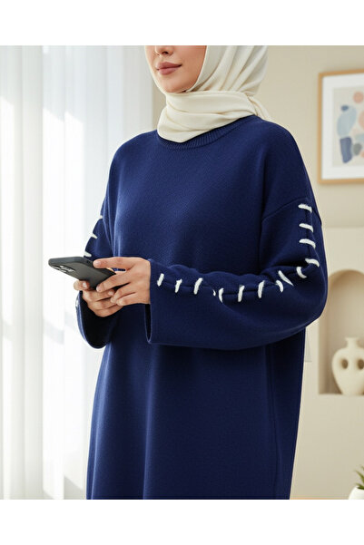 Modamorfo Striped Knit Tunic with Drawstring Sleeves - Navy