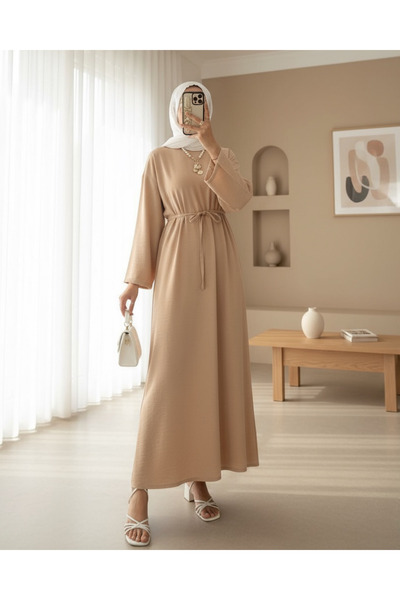 Modamorfo Λινό φόρεμα με δεμένη μέση και φερμουάρ στην πλάτη - Μπεζ