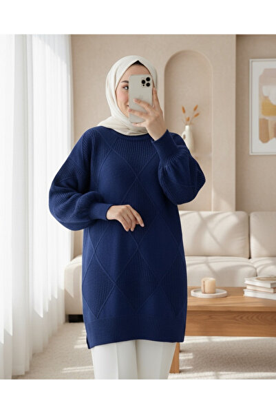 Modamorfo Round Neck Diamond Pattern Slit Knit Sweater - Navy