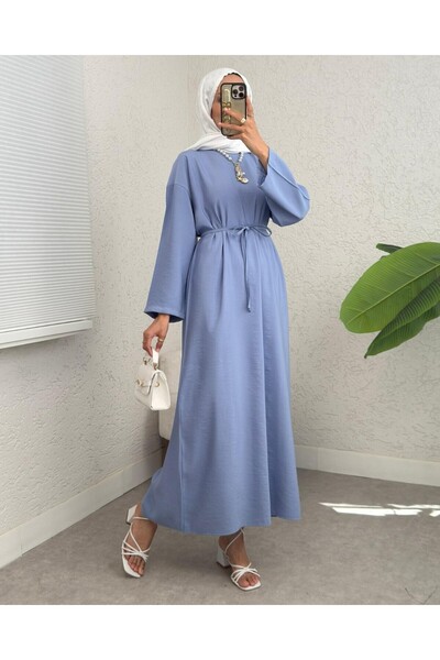 Modamorfo Λινό φόρεμα με δεμένη μέση και φερμουάρ στην πλάτη - Μπλε