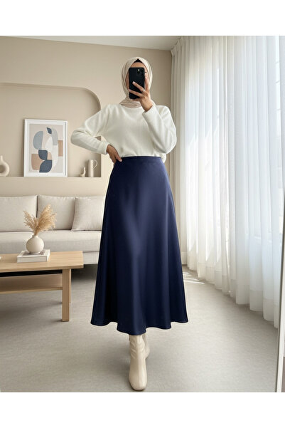 Modamorfo Elastic Waist Satin Skirt - Navy