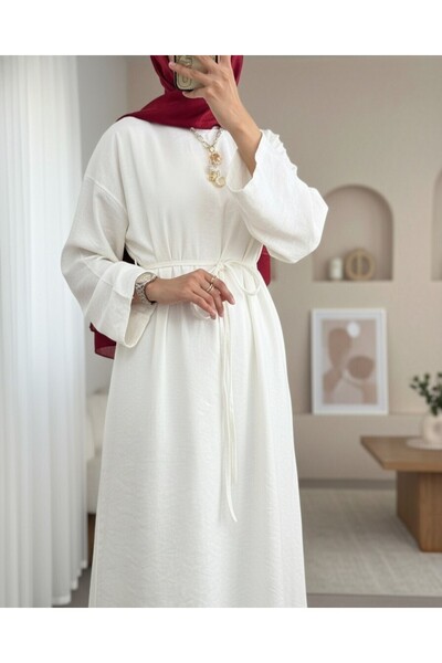 Modamorfo Λινό φόρεμα με δεμένη μέση και φερμουάρ στην πλάτη - Εκρού