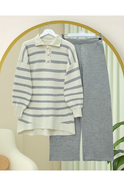 Modamorfo Polo Neck Buttoned Striped Knitwear Set - Gray
